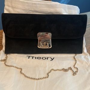Theory Black Suede Shoulder Bag with gold link shoulder chain.